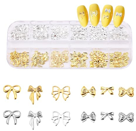 3D Bow Nail Charms, 6 Designs Bow-Knot Nails Decorations Silver and Gold Bows Nail Charms Alloy Bowknot Nail Jewels for Girls Women Nail Design Manicure Art Accessories (1 Box, Random Quantity)