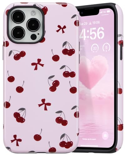 DEFBSC for iPhone 14 Pro Max Case Cute Hybrid, Red Bow/Glossy | Pink Bow Cherry Print,Aesthetic Trendy Pattern for Women Girls,Slim Durable Bumper Shockproof Hard Back Phone Cover