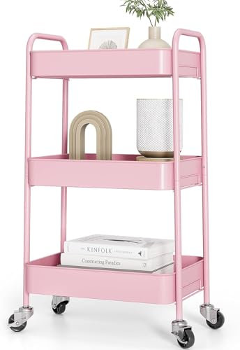 KINGRACK 3-stufiger Metall-Küchenwagen mit Rollen – Servierwagen & Allzweckwagen für Küche, Bad, Büro – Schraubenlos, einfach montiert (Rosa)