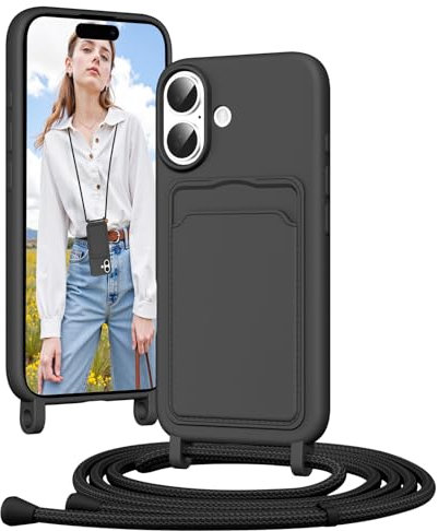 Vauki Handyband Silikon Hülle für iPhone 16 mit Band, Handyhülle mit Kartenfach, Abnehmbar Einstellbar Kordel Kette zum Umhängen, Stoßfeste Schutzhülle Case für iPhone 16 Schnur (Schwarz)