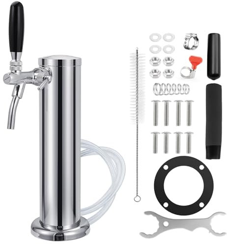 3'' Adjustable Single Tap Kegerator Tower Beer Tap Tower, Flow Control Draft Beer Kegerator Tap Dispenser, 304 Stainless Self-Closing Beer Faucet Pre-Assembled Beer Line Keg Tower Kegerator Parts Set