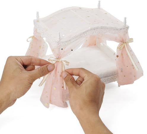 Odoria Puppenhaus Prinzessin Bett Miniatur: 1/12 Maßstab Puppenbett Rosa Luxuriös für 15cm Puppe Schlafzimmer - Mini Himmelbett Möbel mit Betthimmel Holz