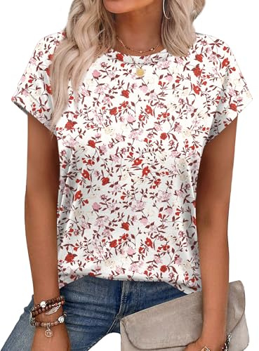 Aokosor 2026 Womens Summer Tops Floral Printed Short Capsleeve Shirts Crew Neck Casual Short Sleeve Pink Ladies Tops Size 14-16 for UK