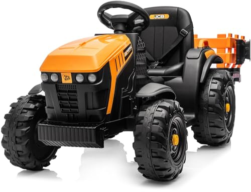 Hikiddo Licensed JCB Ride on Tractor Car, 24V Kids Ride on Tractor for Ages 3-8 with Trailer, Remote Control, 400W Motors - Yellow