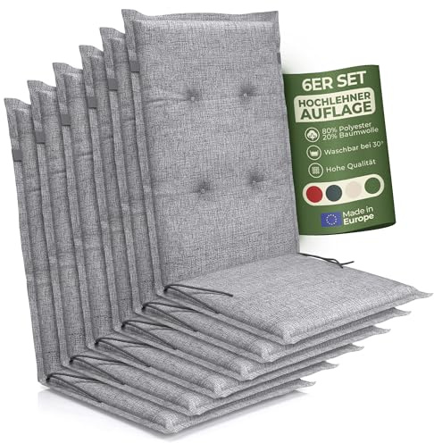 Petsation Florence Hochlehner Auflage – Gartenstuhlauflage Hochlehner mit Schaumstoff Polster, Outdoor Kissen & Stuhlkissen für Gartenstuhl, Sitzkissen Stuhl & Sitzkissen Bank, Outdoor (6, hellgrau)