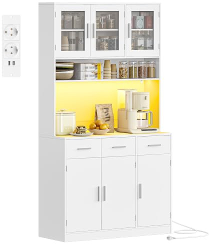 Hzuaneri Buffetschrank, Küchenschrank mit 3 Schubladen, Hochschrank | mit Steckdosenleiste und LED, 3 Schranktüren mit Glasfront, Küche, Wohnzimmer, 40 x 100 x 190 cm, Weiß, PT10103XEU