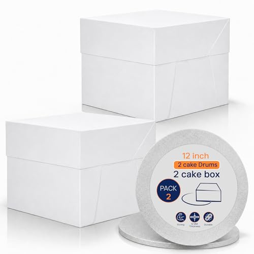SAMZ Packaging 2 Pack 12x12x12 Inch Tall Cake Boxes with 2 Round 12mm Silver Cake Boards – White Cake Box & Drum Set for Tiered, Wedding & Celebration Cakes