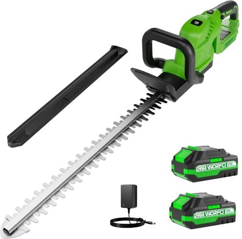 WORFCI Taille-haie sans Fil de 50,8 cm (Comprend 2 Batteries et Chargeur), Taille-haie électrique à Main, poignée rotative à 180°, Taille-arbuste, léger et Compact, Vert