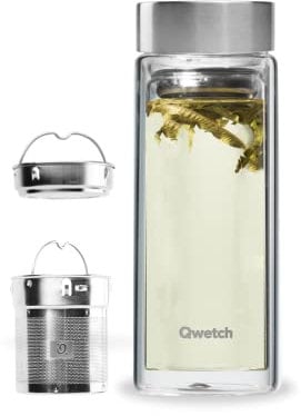 Qwetch - Théière Infusion en Verre - 320ml Bouchon Inox - Bouteille infuseur avec filtres - Sans BPA, Étanche & Réutilisable - Idéale pour Thé, Tisane, Eau fruitée