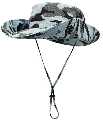 Damen Herren Outdoor Sonnenschutz Bucket Hut Fischerhut Baumwolle Two Way to Wear für Kopfumfang 55-62 cm Hellblau Camouflage