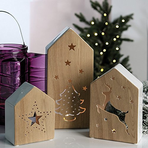 Casablanca 1 x Windlicht Madera Porzellan weiß/Holz-Optik Natur m. Tannenmotiv Höhe 30 cm, Weihnachten