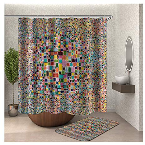 AmDxD Duschvorhang Badteppiche Set aus Polyester| 3D-Druck Bunt Quadrat Muster Design Badezimmer Teppich Bad Vorhang | Bunt | mit 12 Duschvorhangringen für Badewanne Badezimmer - 165x180CM