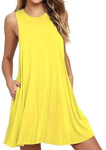 OMZIN Damen Swing Kleid A Linie Lose Casual Strand Tank Sommerkleid Gelb XL