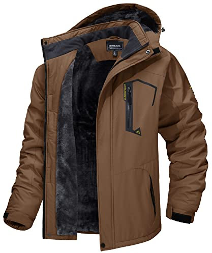 MAGCOMSEN Übergangsjacke Herren Gefüttert Winterjacke Parka Windbreaker Fleece Ski Jacken Wasserdicht Softshelljacke Warme Regenjacke mit Abnehmbarer Kapuze Kaffeebraun L