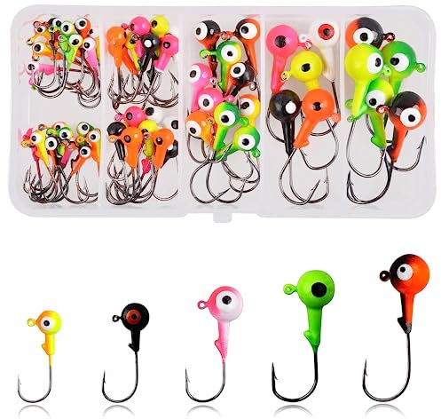 Fishing Jig Heads Hooks Set, 60pcs Assorted Round Jig Head with 3D Eyes Painted Jig Heads for Crappie Bass Walleye 3/8oz 1/4oz 1/8oz 1/16oz 1/32oz Saltwater Freshwater Fishing Tackle Kit
