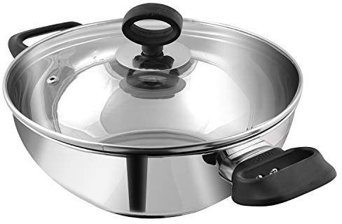 Vinod Stainless Steel Kadhai with Glass Lid Induction Deluxe Kadai Serving Hot Dishes Wok Kadhai Fry Pan (26cm, 3.9 litres / 4.1 Quarts) Multi-Use Pot Pans