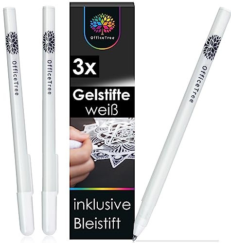 OfficeTree White Gel Pens for Art - Fine 0.75 mm Gelly Roll Pen for Black Paper - 3-Pack With 1 Pencil