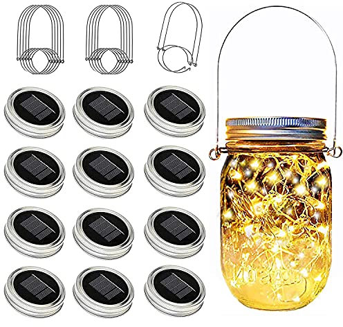 yeuago Mason Jar Solar Lights 12 Pack 30 LED Outdoor Solar Firefly Lights, Solar Fairy String Lids Lights,Waterproof Mason Solar Lights with Hangers for Regular Mouth Jars(No Jars