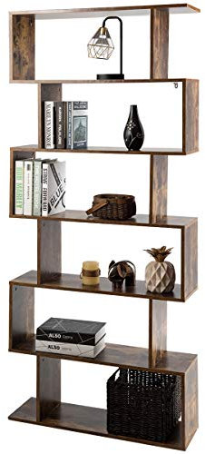 COSTWAY S-Shaped Wooden Bookcase, 5/6 Tiers Freestanding Storage Shelf, Home Office Industrial Decorative Bookshelf Display Stand Rack (Rustic Brown, 80 x 23 x 192cm)