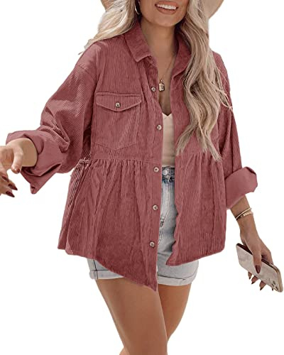 Tutorutor Womens Corduroy Shirts Casual Long Sleeve Button Down Blouses Tunic Babydoll Dress Loose Pocket Jacket Shackets Pink