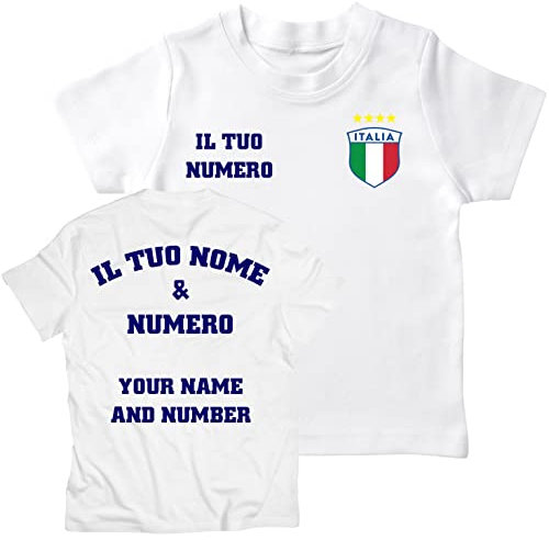 lepni.me Kids Personalised Football Jersey Italy | Your Name and Number | Italian Flag Badge | Custom T-Shirt | Football Championship (3-4 Years White Multi Color)