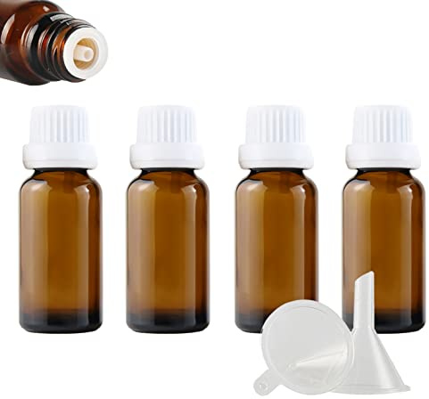 ZEOABSY 4 Stück Leer 20ml Braunglas Flasche mit Tropfmontur Originalitätsverschluss, Tropfflasche Braun mit Weiß Schraubverschluss Glasflaschen für Ätherisches Öle Essenzen Aromatherapie