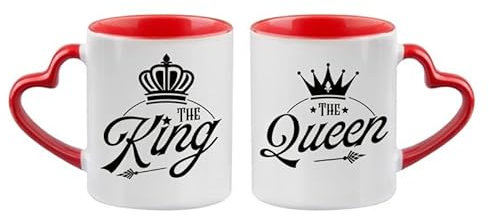 Couples Theme Coffee Mug Set The King The Queen Valentines Day, Birthday, Wedding, Anniversary, Him-Her Unique Ceramic Heart Handle Coffee Mug. (Red)