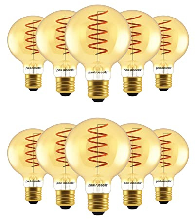 paul russells LED Spiral Filament Edison Screw Light E27 Globe G80, Vintage Industrial Bulbs - Pack of 10 – 25W Equivalent Replacement 4W 250LM Lumens 1800K ES Non-Dimmable Lamps - Retro Amber Glass