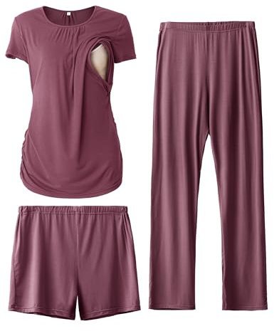 SUNNYBUY Damen Umstandsmode Stillpyjama-Set, Kurzarm-Stillshirts, Schwangerschafts-Shorts und Hosen, 3-teiliges Stillpyjama-Set, Dunkelrot M