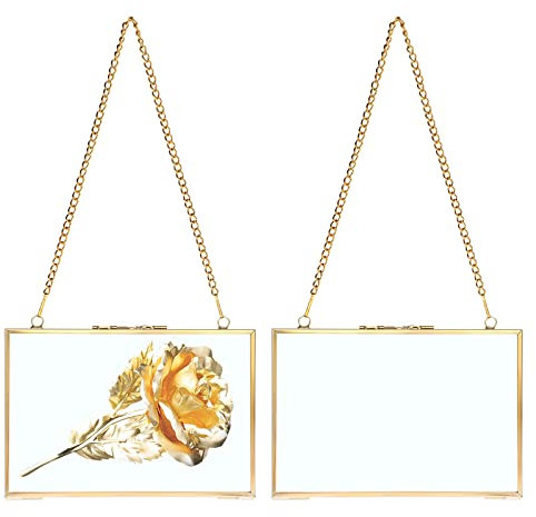 SUMNACON Set mit 2 goldenen Glas-Bilderrahmen zum Aufhängen, Kunstwerk-Display-Rahmen, Wandmontage, hängender Fotorahmen mit Kette, Kunstwerk (horizontal, 10.2x15.2 cm)