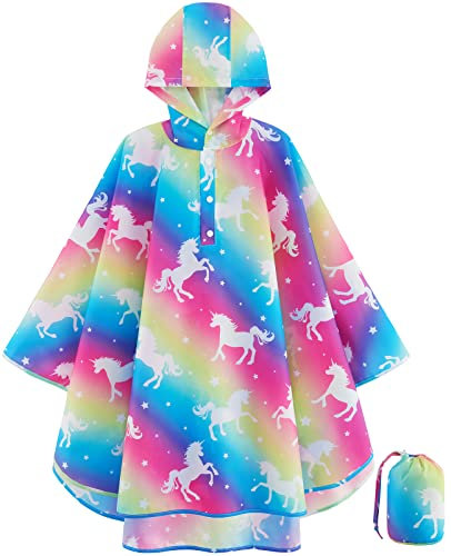 Mädchen Regenmantel Leichter Kinder Regenjacke Wasserdichter Kleinkind Regenponcho mit Kapuze Einhorn Regenbekleidung Kleine Mädchen Outdoor Jacken für Schule Wandern Camping