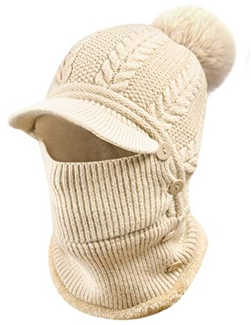 Heveer Warme Strickmütze Damen Flexible Wintermütze mit Halswärmer Krempe Verstellbare Gesichtsmaske Weichem Gefüttert für Outdoor Beige