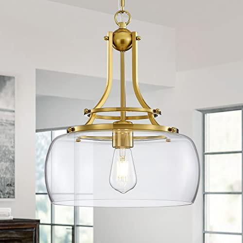 WUZUPS araña rústica granja industrial techo redondo colgante led lámpara con pantallas de vidrio transparente para comedor cocina isla vestíbulo entrada, h 43 x w 34, base e27, oro cepillado