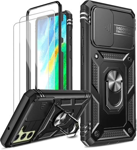 LeYi Coque pour Samsung Galaxy S21 FE 5G/S21FE (Pas S21/S20 FE) avec 2*Verre Trempé, Protection de Caméra, Anneau Support, Housse PC Dur Anti-Chut Renforcée Heavy Duty Bumper Etui Antichoc Noir