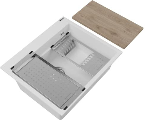 GRANMASTER Massimo Évier Cuisine Granit 1 bac avec planche à découper, plateaux en métal, siphon et égouttoir - Evier de cuisine résistant à la saleté, antibactérien - 56x48x20,3cm Blanc