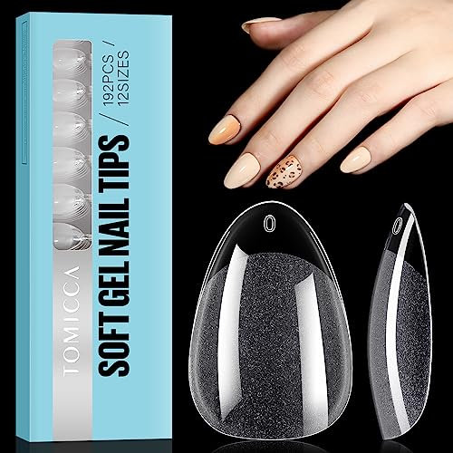TOMICCA Almond Shaped Short Nail Tips - 192PCS Half Matte Soft Gel, No File Needed- Full Cover False Nails, Clear Acrylic & Strong Tips for Press On Extension - 12 Sizes