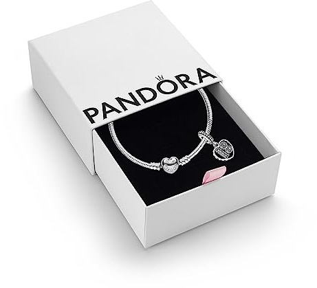 PANDORA 18th Celebration Dangle Charm & Bracelet Set - Women's Sterling Cubic Zirconia Dangle Charm & Heart Clasp Snake Chain Bracelet - Jewellery Set With Gift Box, Size 18