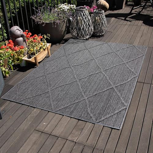 Carpettex Outdoor Teppich Wetterfest 80 x 150 cm Läufer, Sisaloptik, Grau - Ideal für Balkon, Garten, Terrasse, Camping und als Küchenläufer - Waschbarer Teppich, Boho Design, Flachgewebe