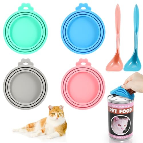 FANTESI 4 Stück Dosendeckel mit 2 Löffeln, Silikon Deckel für Dosen Tierfutter-Dosendeckel für Haustier Futteraufbewahrung Dosenfutter für Hunde und Katzen 200g 400g