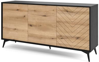 Selsey Boulia - Sideboard 3-türig, Schwarz mit Fischgrätfronten in Eiche, 154 cm