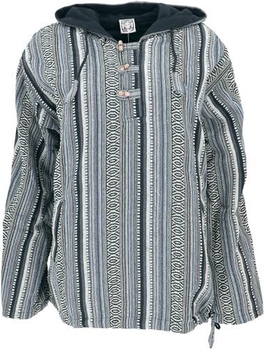 GURU SHOP Goa Kapuzenshirt, Baja Hoodie, Boho Style Kapuzenpullover - Taubenblau, Herren, Baumwolle, Size:L
