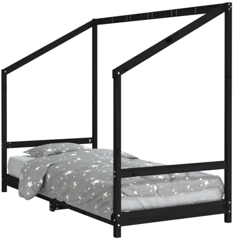 vidaXL Kinderbett, Kinder Bettgestell mit robusten Latten, Hausbett für Kleinkinder ab 4 Jahren, Einzelbett Kinder Jugendbett Holzbett, Schwarz 90x190 cm Massivholz Kiefer