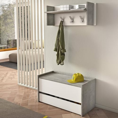 Dmora - Eingangsmöbel Brionia, Moderner Eingangsbereich mit Kleiderbügel, Schrank mit Schuhregal, Multifunktionsschrank, 50x32h182 cm, Zement und Weiß,