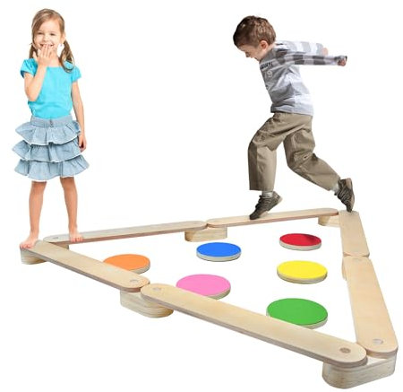HENGMEI Schwebebalken, Balancierbalken Holz, Balancierbrett für Kinder, Balance Board, mit 6 Runde Bretter Kombinierbar, Spielzeug für Drinnen und Draußen von 3-7 Jahren