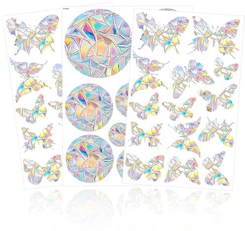 41 Stück Fensteraufkleber Vogelschutz für Glasscheiben, Sonnenfänger Sticker, Schmetterling Suncatcher Sticker, Regenbogen Fenster Sticker Folie Gegen Vogelschlag, Vogelschutz Aufkleber Fenster