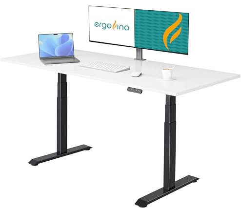 Ergofino höhenverstellbarer Schreibtisch 200x100 cm, elektrisch Schreibtisch mit GS-Zertifiziert, 2 Motoren, 3-Fach Teleskop, 3 Memoryfunktion, Gestell Schwarz inkl. Weiß Tischplatte