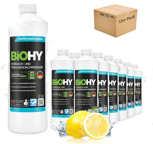 BiOHY Vordach- und Terrassenreiniger (12 x 1 Liter), Konzentrat, Glasdächer | Vordach- und Terrassenreiniger Konzentrat für Glasdächer, Kunststoffdächer und Wintergärten