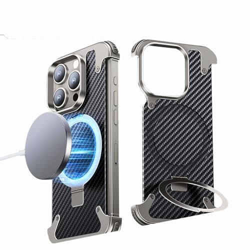 HUHUCASE New Model for iPhone 15/14 Promax Metal Phone Case Airbag Anti-Fall Carbon Fiber Magnetic Bracket Protective Case (Original Color,iPhone 14 ProMax)