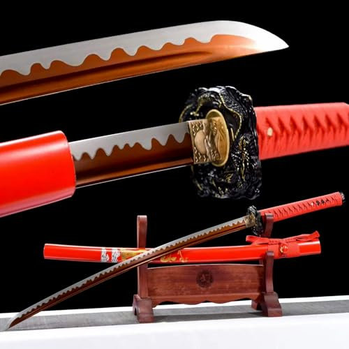 KWXPW 103cm roter Drache Katana,Manganstahl Klinge,Holzscheide mit gemalte Muster,handgefertigt Samurai-Schwert,Japanischer Samuraischwert für Kendo,Dekoration,Cosplay,Geschenke,Festivals,Requisiten