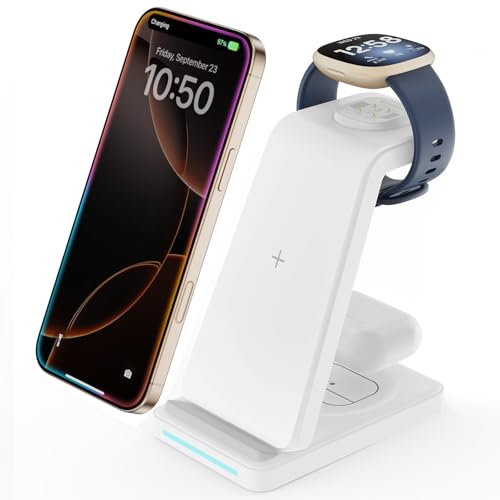 Wireless Charger for Fitbit Charging Station - GEEKERA 3 in 1 Phone Charger Stand for Google Pixel Watch 3/2/Fitbit Sense 2/Sense/Versa 4/3, iPhones/Samsung/Google Phones, AirPods 4/Pro/3/2-White